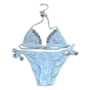 Valery Blu White Eyelet Bikini with Floral Beading Detail Size S NEW WITHOUT TAG